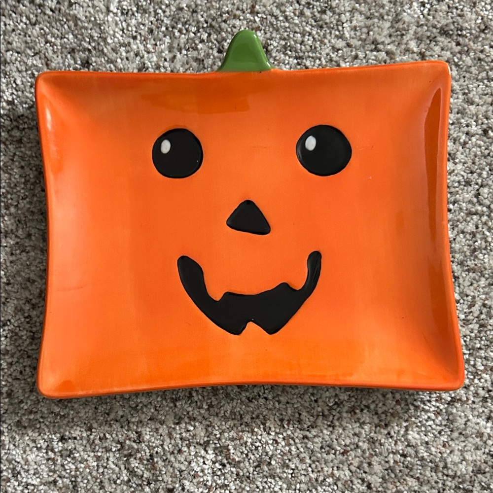 Orange Pumpkin Face Ceramic Tray